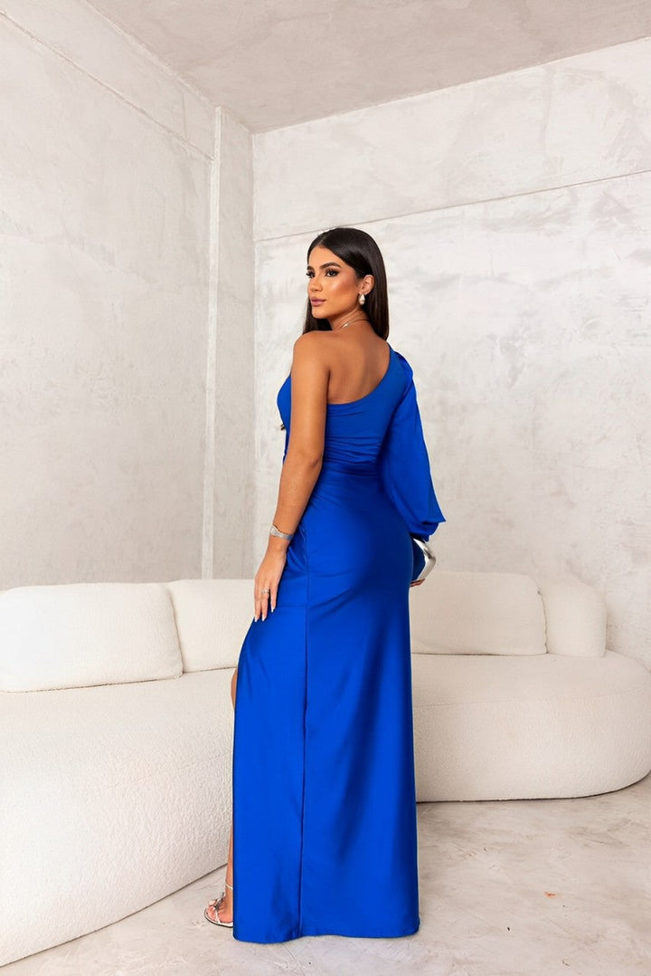 Dames one-shoulder jurk met gedrapeerde taille, vloeiend silhouet, perfect voor gala.