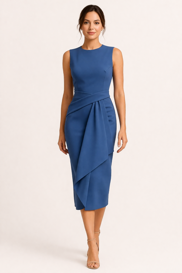 Elegante dames professionele midi kantoorjurk. Comfortabele zakelijke werkkleding, perfect voor een stijlvolle uitstraling.