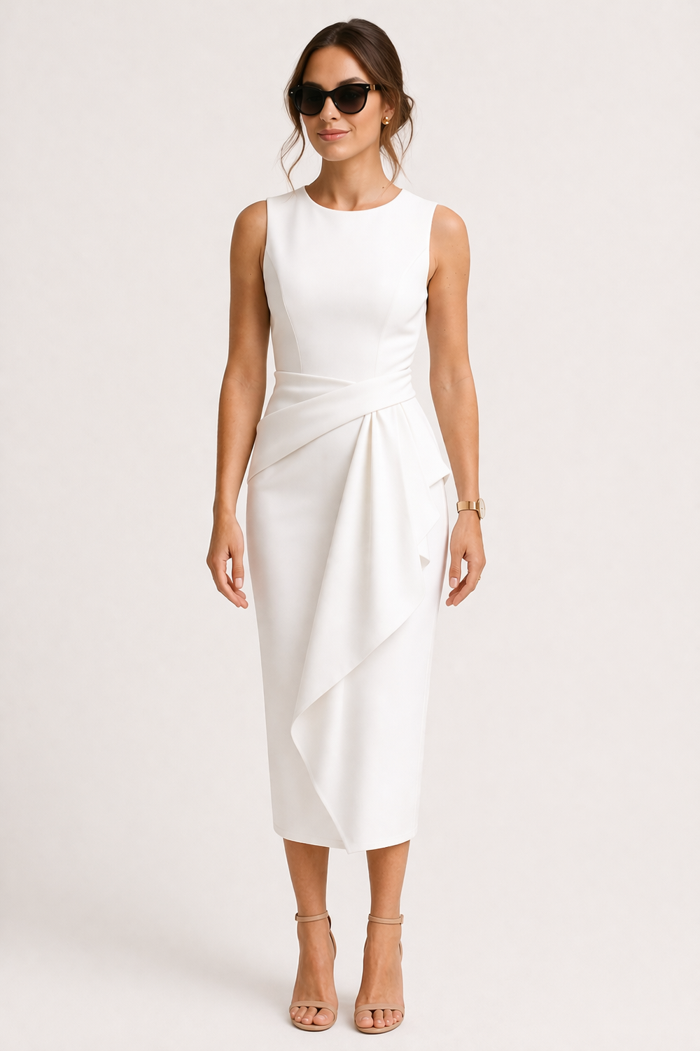 Mouwloze blauwe midi kantoorjurk voor dames. Professionele en comfortabele zomerjurk, ideaal voor zakelijke meetings.