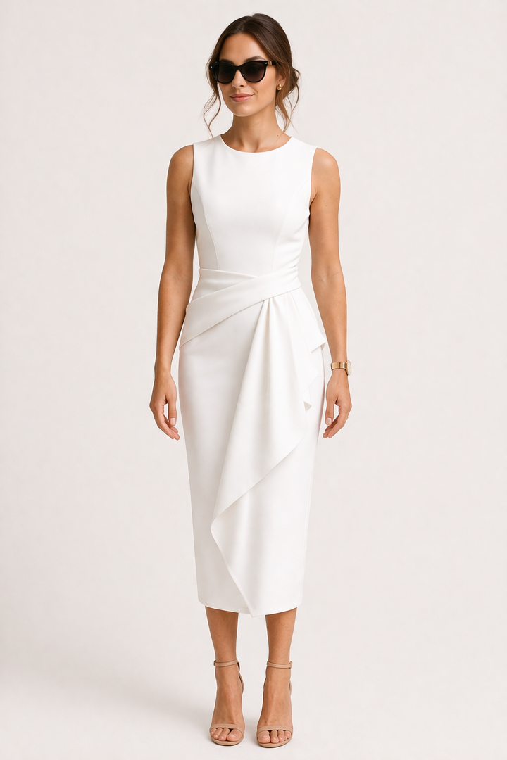 Mouwloze blauwe midi kantoorjurk voor dames. Professionele en comfortabele zomerjurk, ideaal voor zakelijke meetings.