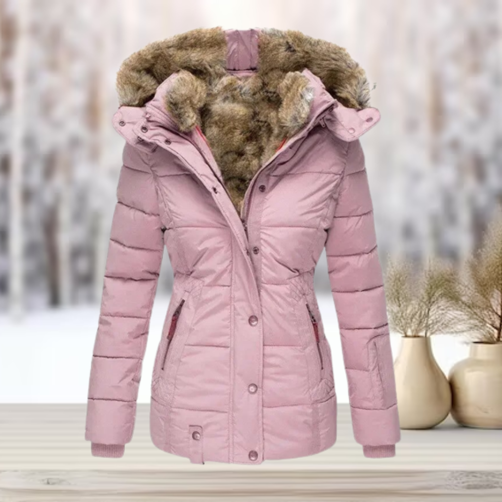 Meerkleurige elegante dames puffer winterjas, biedt warmte en een modieuze uitstraling. Comfortabele winterkleding.