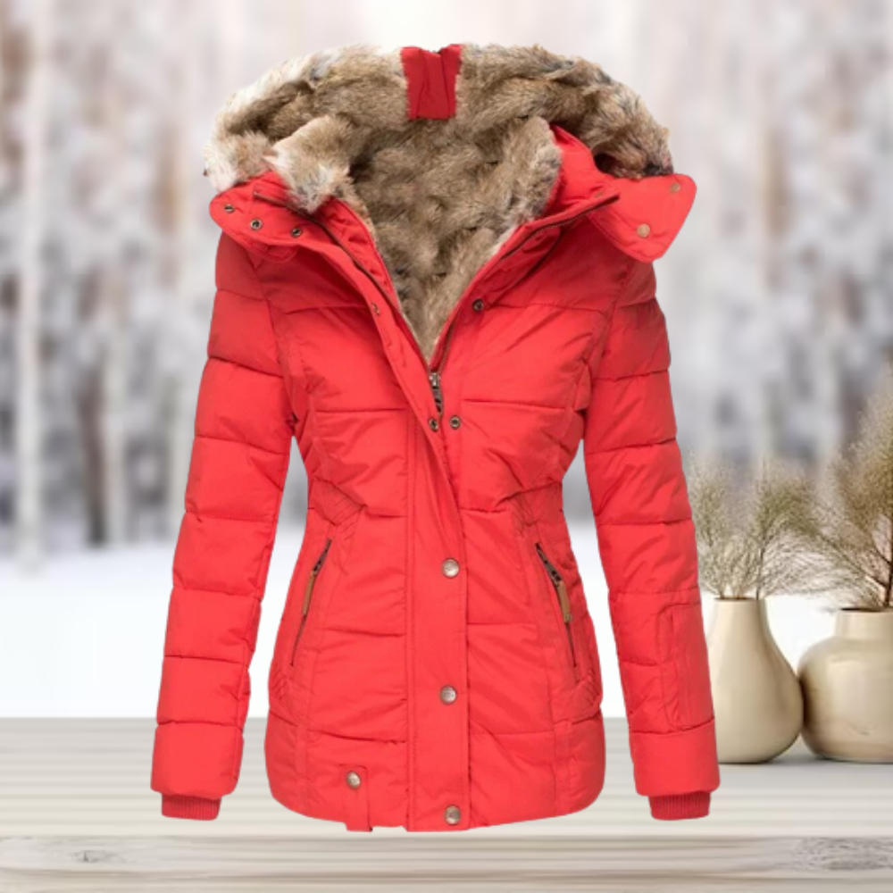 Vrouw draagt warme en stijlvolle puffer winterjas, perfect voor buitenactiviteiten en dagelijks comfort in de winter.