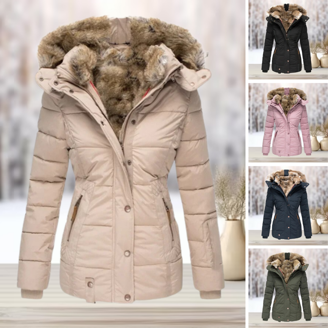 Comfortabele dames puffer winterjas met hoge kraag en stevige sluiting, biedt extra warmte en stijl in de kou.