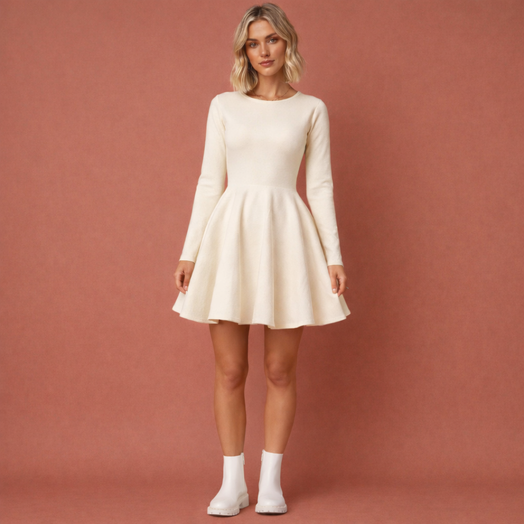 Elegante dames skaterjurk met lange mouwen, perfect als comfortabele mini jurk voor herfst en winter.