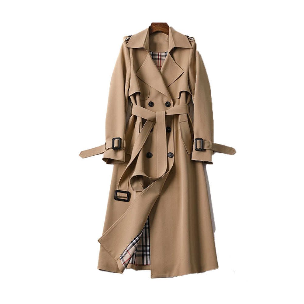 Elegante dames trenchcoat: Tijdloze lange jas met klassieke kraag, perfect voor lente en herfst.