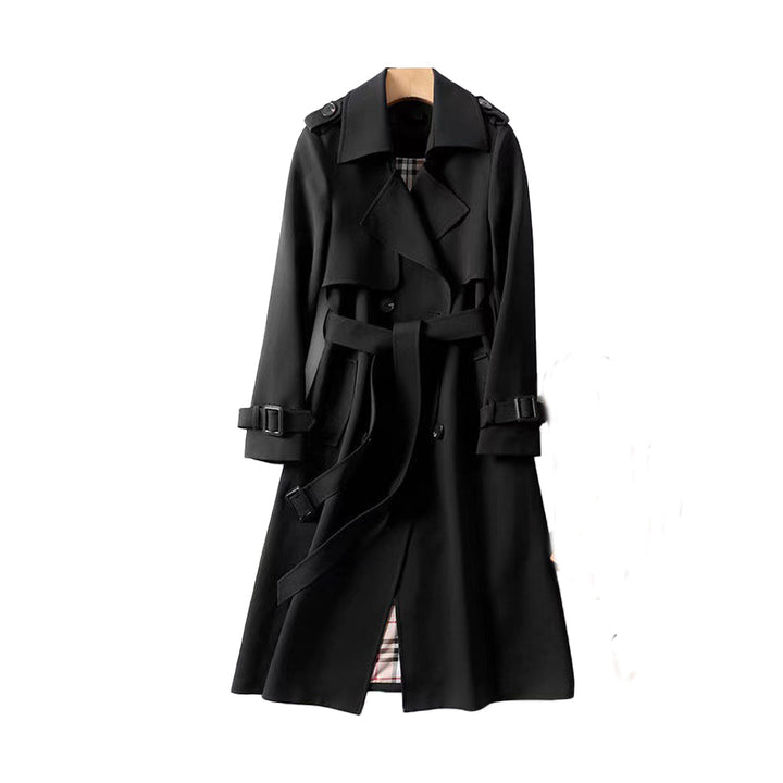 Stijlvolle dames trenchcoat: Lange jas met dubbele rij knopen, riem en epauletten voor een chique look.