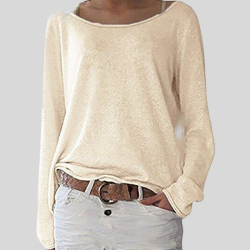 Veelzijdige dames trui met relaxte pasvorm en lange mouwen, verkrijgbaar in beige, wit en grijs voor zomerse dagen.