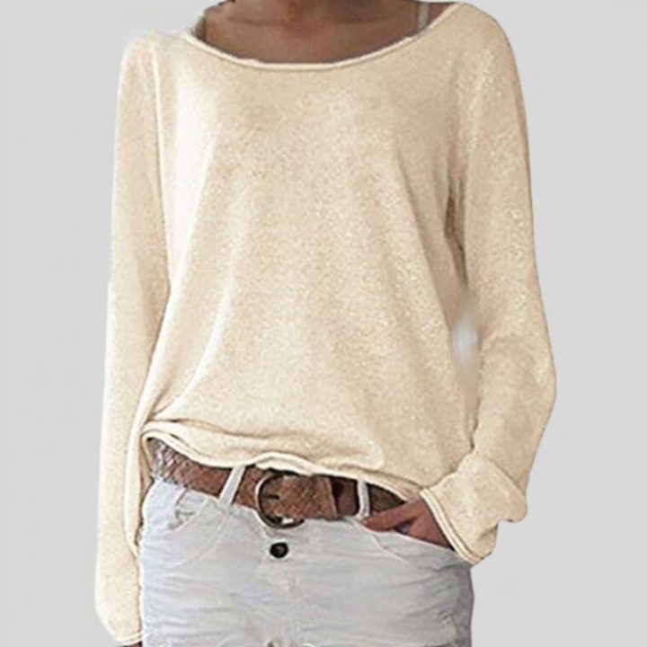 Veelzijdige dames trui met relaxte pasvorm en lange mouwen, verkrijgbaar in beige, wit en grijs voor zomerse dagen.