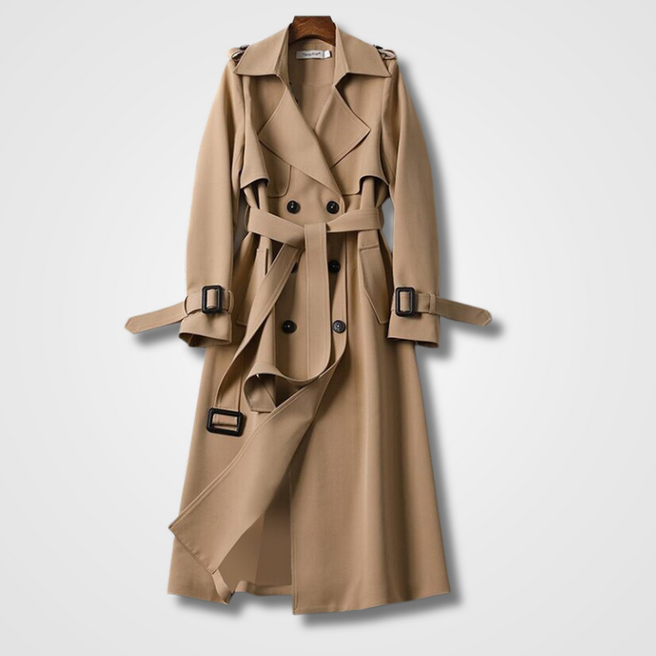 Elegante dames tussenjas met ceintuur en dubbele knopen, perfect voor voorjaar en najaar.