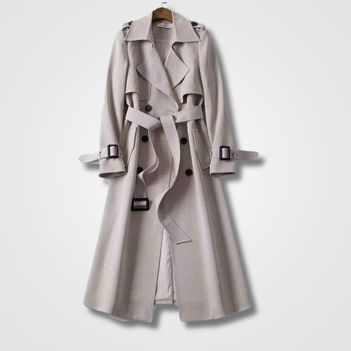 Moderne dames tussenjas met ceintuur en dubbele knopen. Perfecte elegante jas voor dagelijks gebruik.