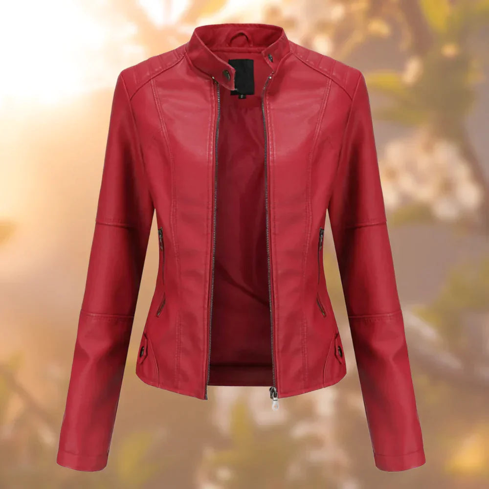 Comfortabele dames tussenjas met een trendy hoge col en glanzende metalen accenten, voor een modieuze look.