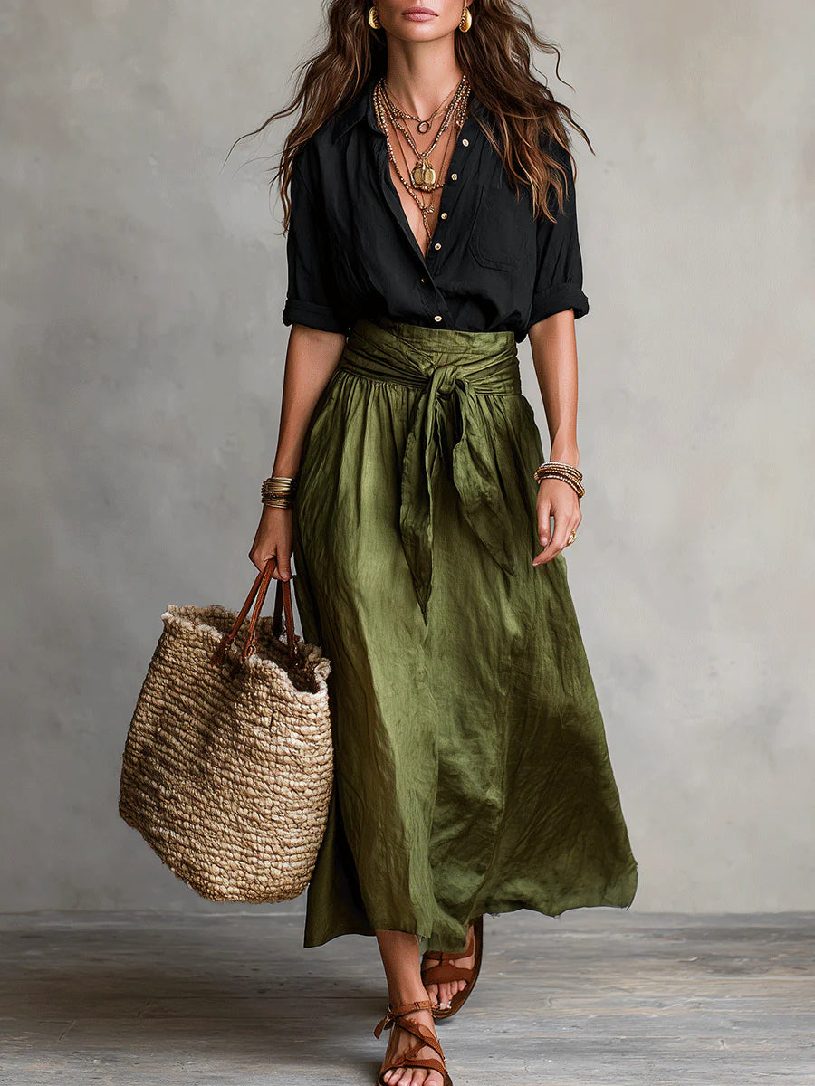 Chique tweedelige set voor dames: blouse met strikceintuur en A-lijn midi rok met hoge taille.