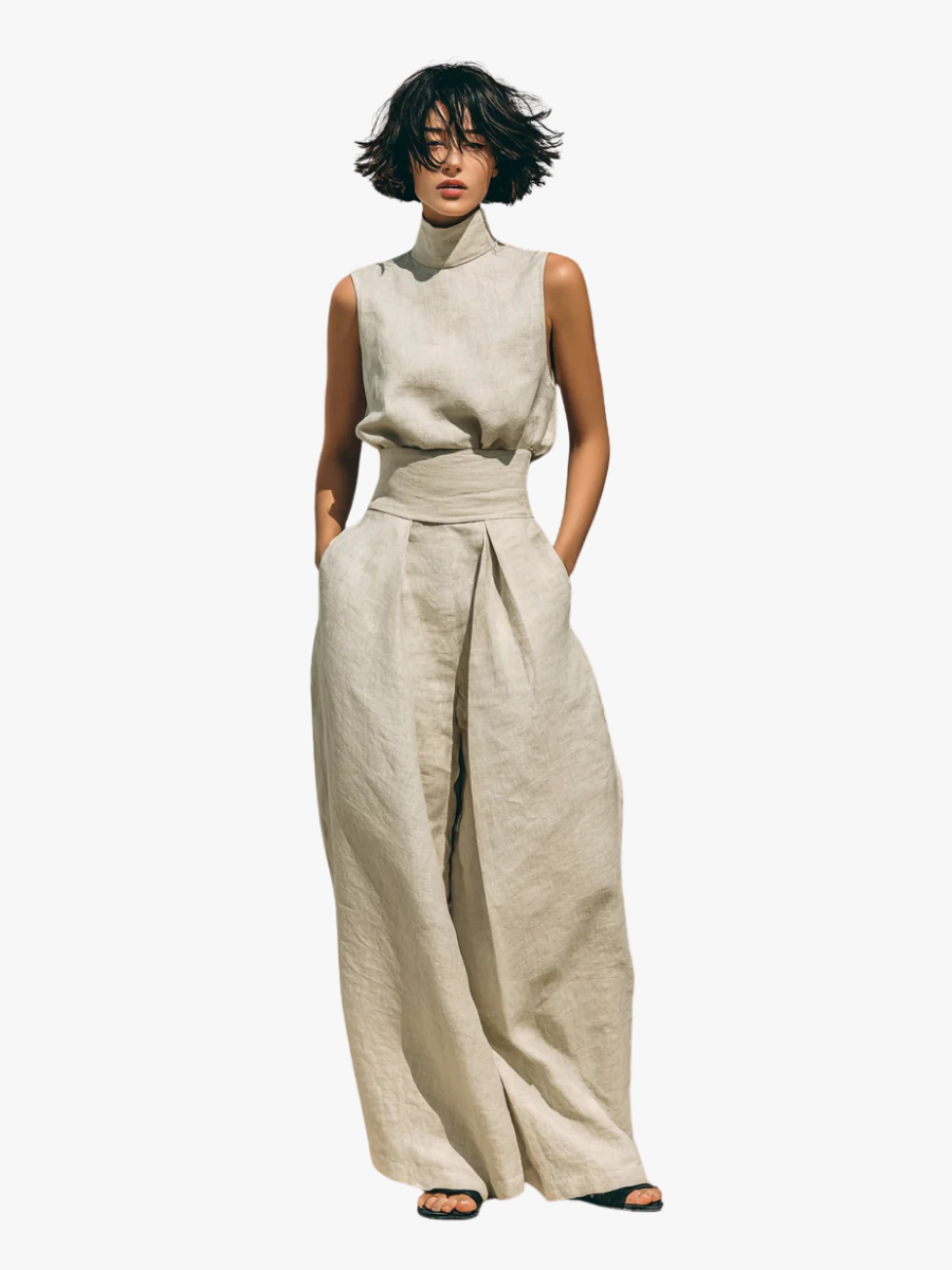 Elegante dames tweedelige set met rolkraag top en wijde broek; modieus en comfortabel voor elke gelegenheid.