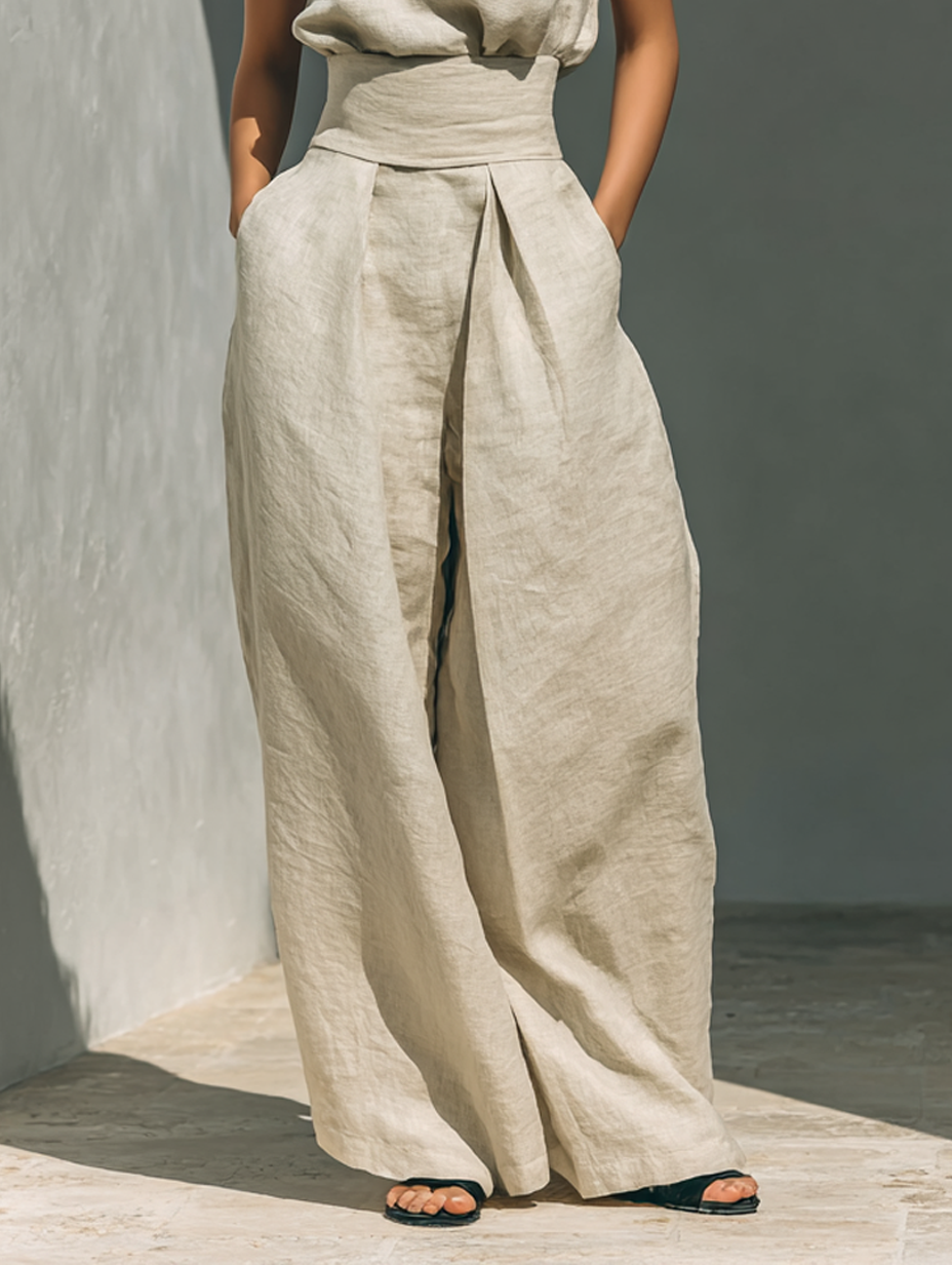 Dames elegante tweedelige set: mouwloze rolkraag top & wijde broek met hoge taille. Modieuze co-ord set.
