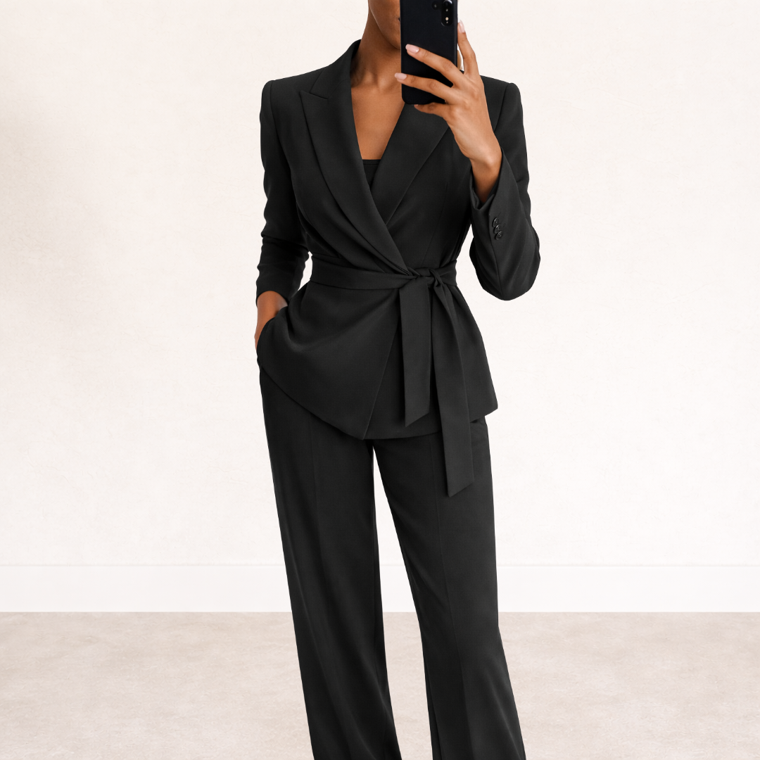 Moderne dames tweedelige set met flair pantalon en top met strikceintuur voor een elegante uitstraling.