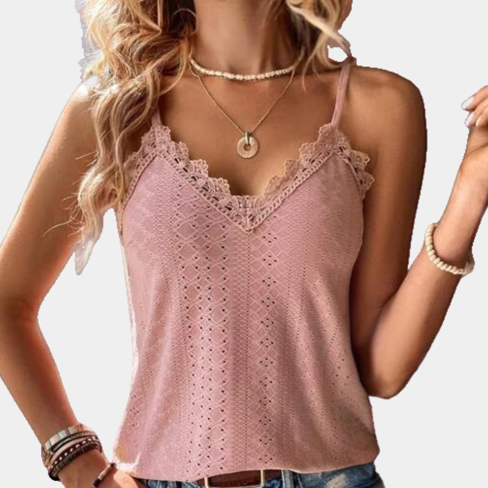 Modieuze dames zomertop met V-hals, comfortabel en luchtig. Verfijnde details zorgen voor een elegante look.