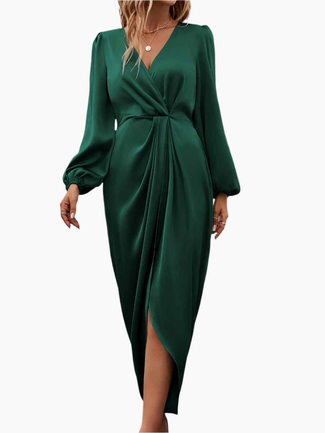 Chique wikkeljurk voor dames met V-hals en plooien, perfect voor formele gelegenheden zoals bruiloften.