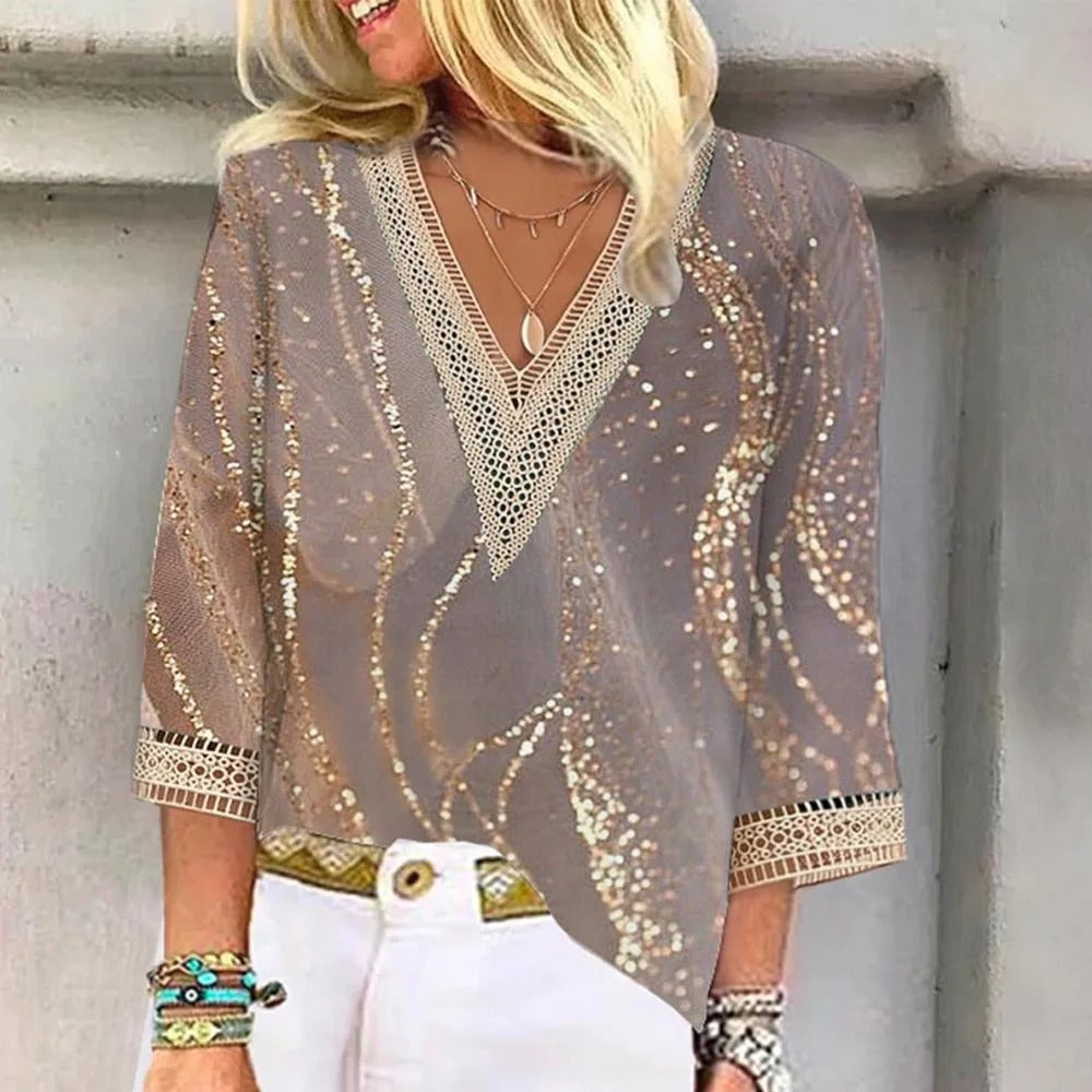 "Elegante dames zomer blouse in goud, roze, bruin of groen; chique design voor comfort en stijl in warme maanden."