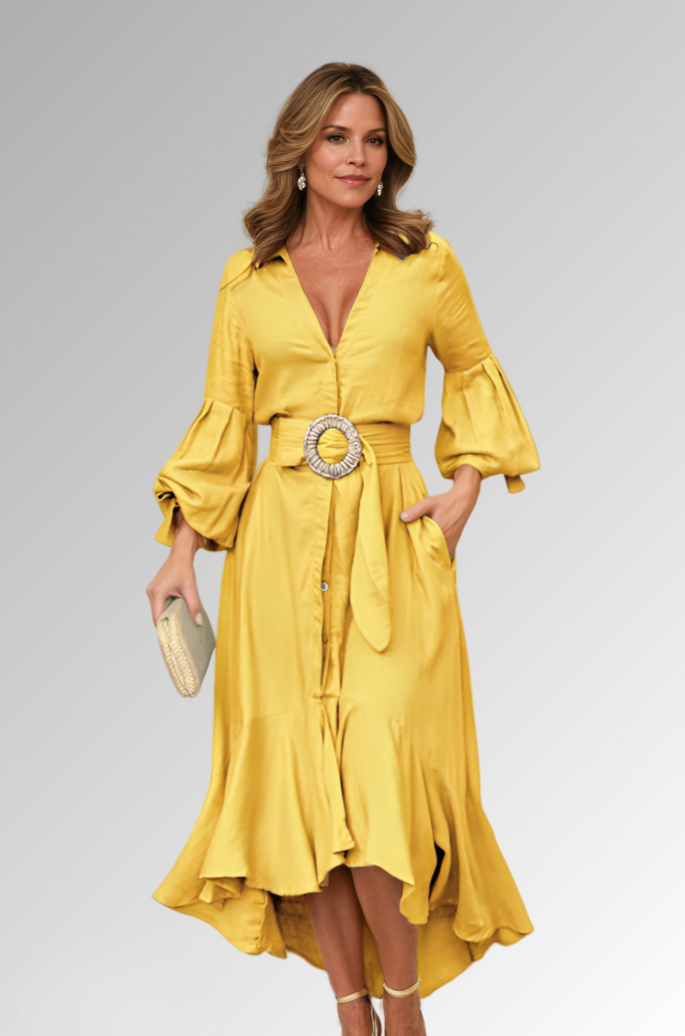 Veelzijdige kleurrijke A-lijn midijurk voor dames, met stijlvolle pofmouwen en een elegante v-hals.