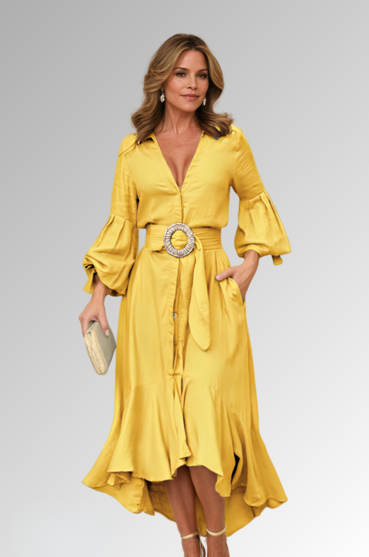 Veelzijdige kleurrijke A-lijn midijurk voor dames, met stijlvolle pofmouwen en een elegante v-hals.