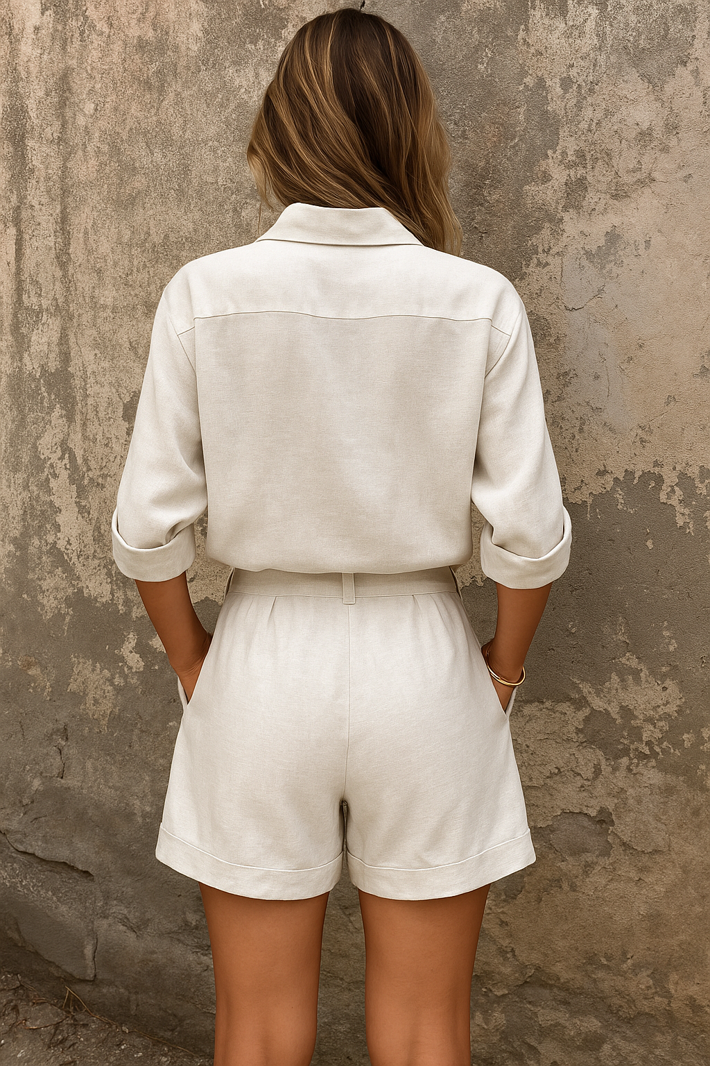 Tweedelige dames zomerset: stijlvolle blouse en bijpassende shorts met knopen. Ideaal voor stranddagen.