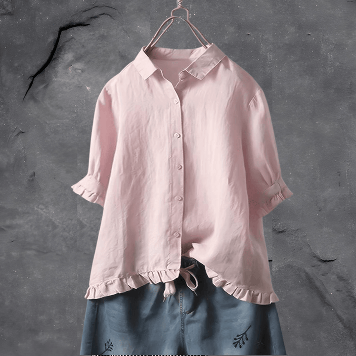 Zomerse dames top met korte mouwen en elegante ruche-zoom, veelzijdig en comfortabel voor warme dagen.