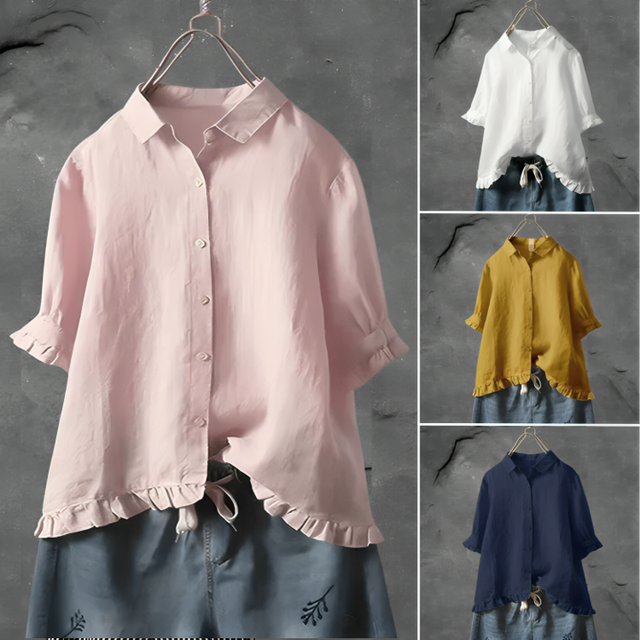Comfortabele dames blouse met losse pasvorm, korte mouwen en modieuze ruche-zoom, perfect voor zomerkleding.