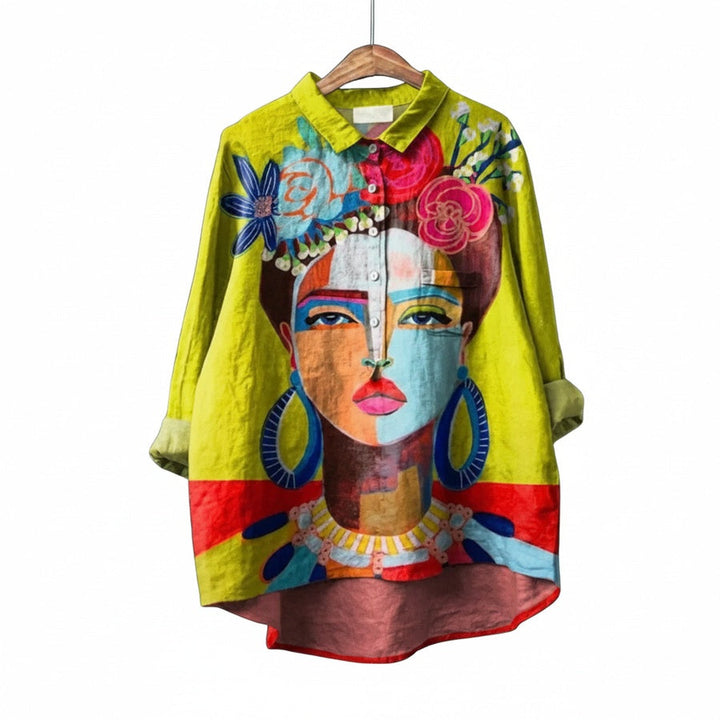 Elegante damesblouse met V-hals en lange mouwen, losvallend model, ideaal voor zomerse dagen.