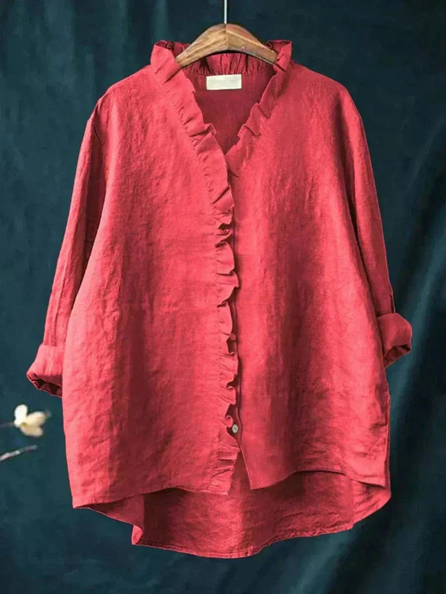 Zomerse damesblouse: elegante V-hals, losvallend, met lange mouwen en ruches, perfect voor warmere dagen.