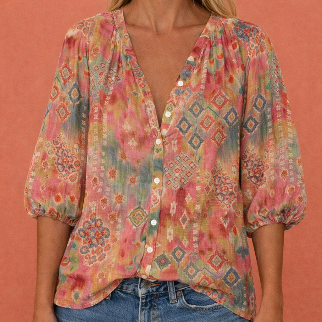 Zomerse damesblouse met levendige print, elegante V-hals en functionele knoopsluiting. Trendy en comfortabel.