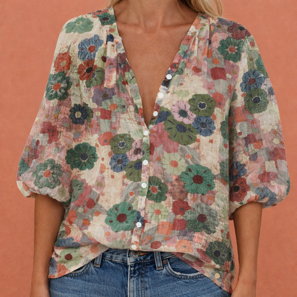 Chique geprinte dames top met V-hals en knoopjes, perfect voor een elegante of casual lente/zomer outfit.