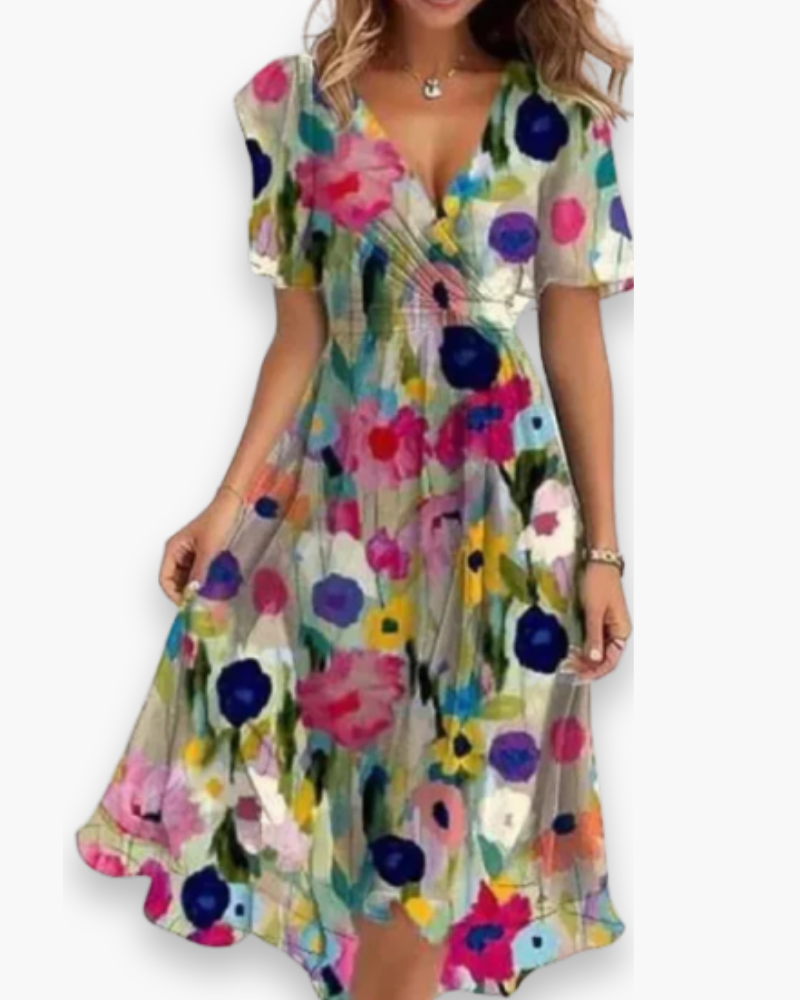 Trendy damesjurk met levendige bloemenprint en diepe V-hals. Een luchtige en soepelvallende lente-zomerjurk.