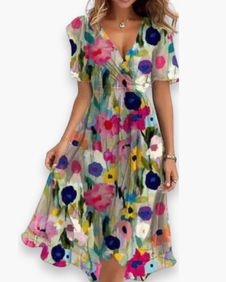 Trendy damesjurk met levendige bloemenprint en diepe V-hals. Een luchtige en soepelvallende lente-zomerjurk.