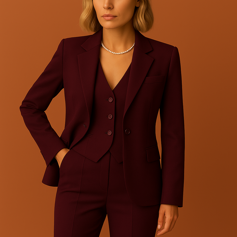 Comfortabele driedelige dames set: zacht jasje en broek. Perfecte zakelijke of casual vrouwenmode voor elk seizoen.