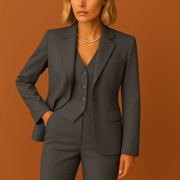 Chique driedelige dames set: stijlvol jasje, broek en bijpassende top. Comfortabele en elegante outfit voor vrouwen.