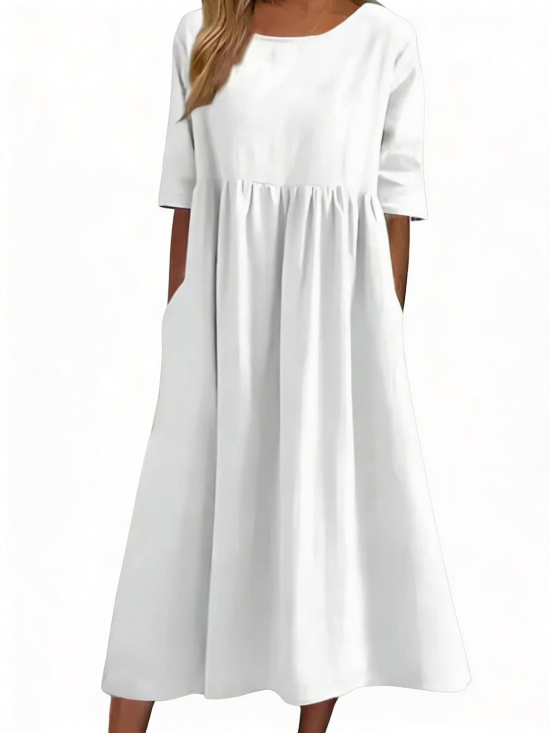 Elegante effen dames midi-jurk met ronde hals, perfect voor lente en zomer. Comfortabel en veelzijdig.