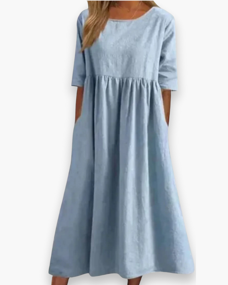 Stijlvolle geplooide midi-jurk voor dames; zowel elegant als casual te dragen, veelzijdig.