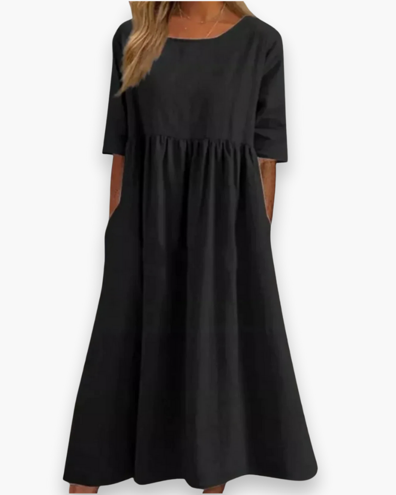Comfortabele effen dames midi-jurk met ronde hals, ideaal voor dagelijks gebruik.