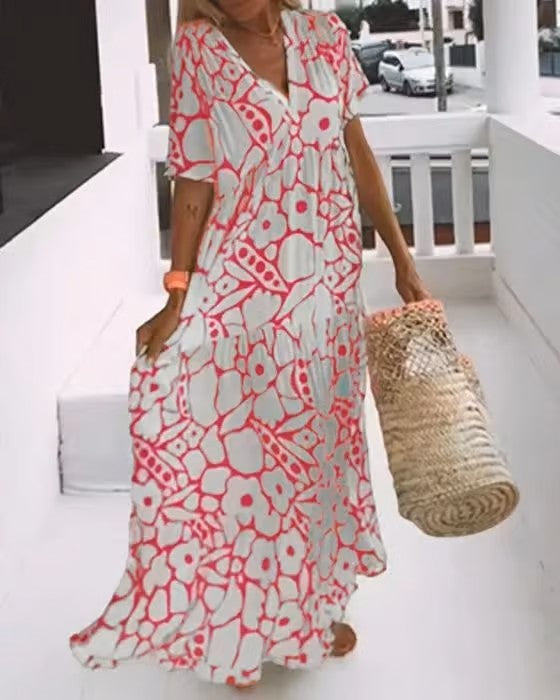 Stijlvolle dames maxi zomerjurk Rosalie, perfect voor warme dagen. Comfortabel, lang model met elegante V-hals.