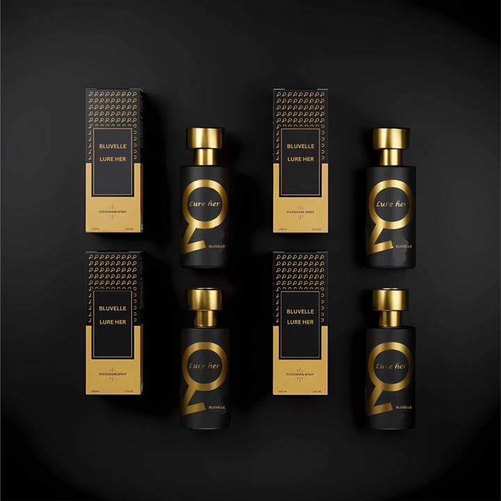 Elegante fles Lure Her feromonen eau de parfum voor mannen, met krachtige en subtiele geur die aantrekkingskracht bevordert.