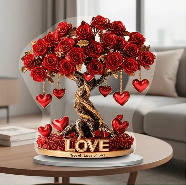 Elegante hartvormige kristallen rozenboom met gouden basis, perfect voor luxe woondecoratie en romantiek.