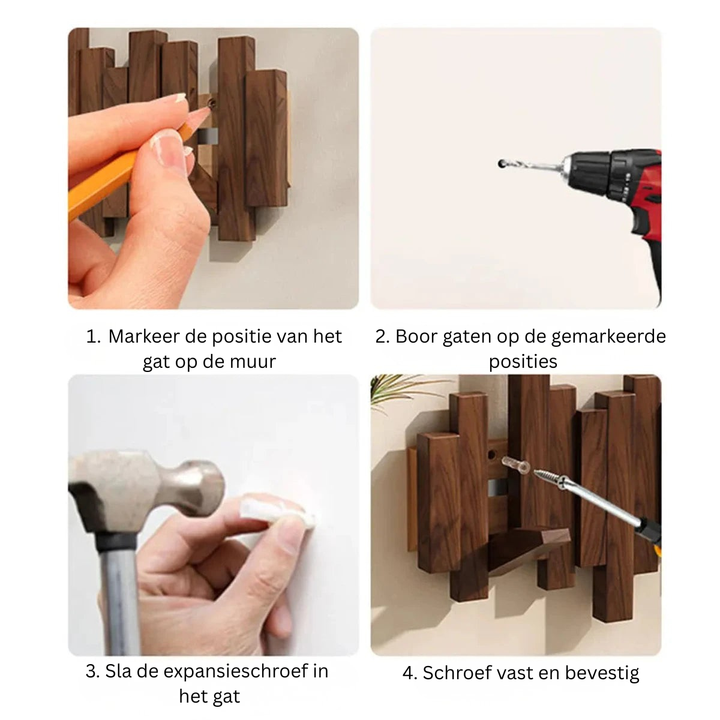 Houten kapstok pianostijl met meerdere uitklapbare haken. Praktische wandkapstok van walnoot/beuken.