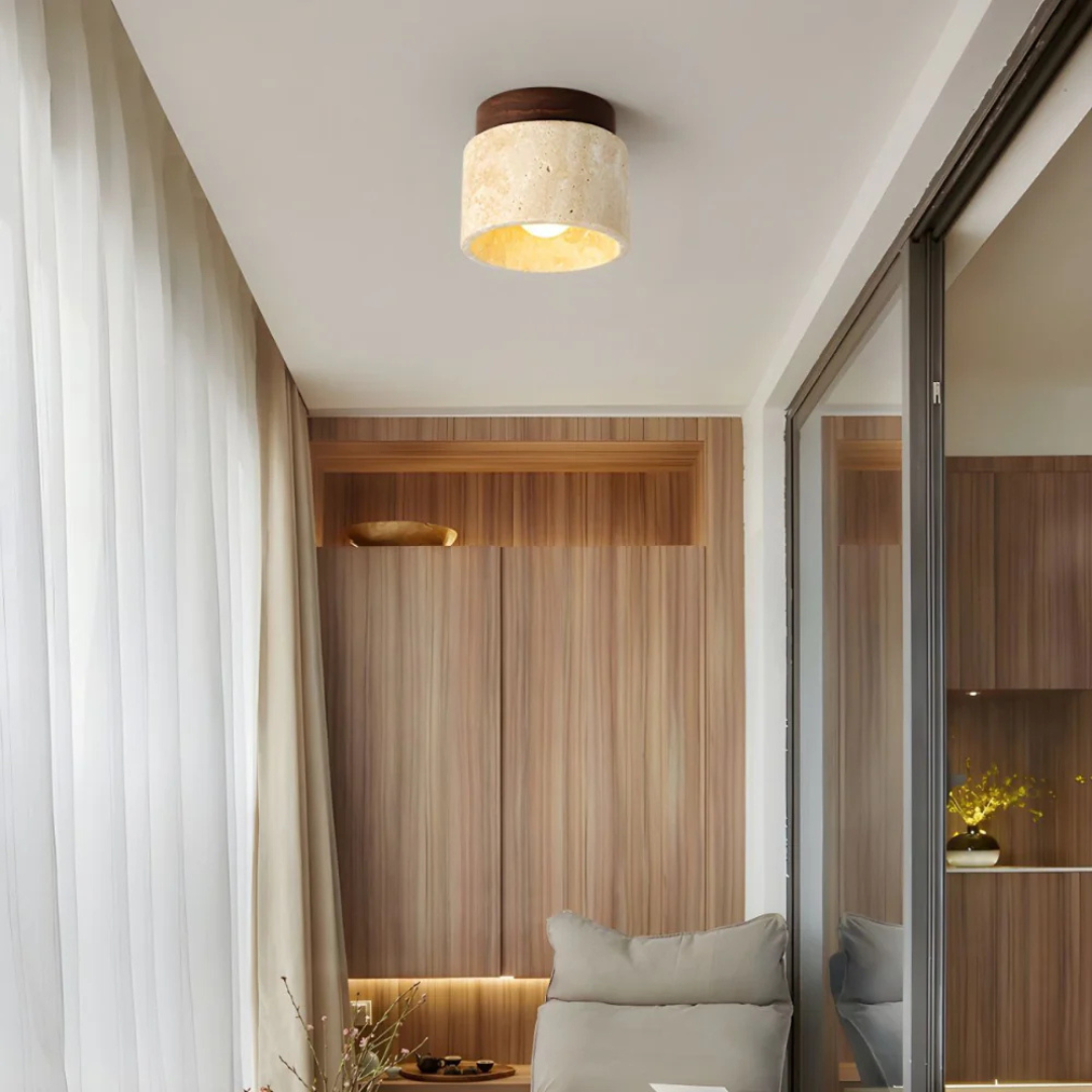 "Elegante Japanse plafondlamp van marmer en hout, modern design, warm licht, perfecte verlichting voor woon- en slaapkamers."