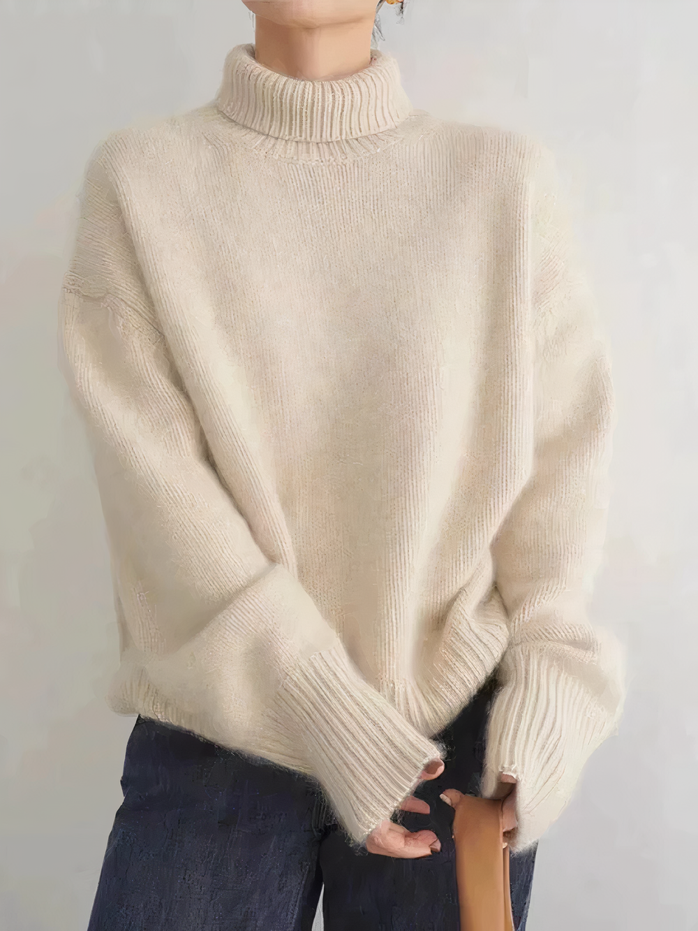 "Elegante kasjmier damescoltrui, zijdezacht, hoge kraag, beige. Ideaal voor warme, stijlvolle winterlooks."