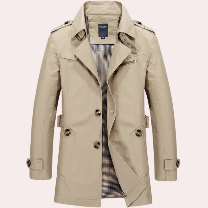 "Elegante khaki trenchcoat heren, klassiek design, geschikt voor lente en herfst, stijlvolle herenjas, modieuze keuze"
