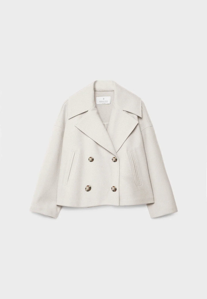 "Elegante korte double-breasted jas van luxe wolmix stof, cropped lengte, knoopsluiting, stijlvol en tijdloos design."
