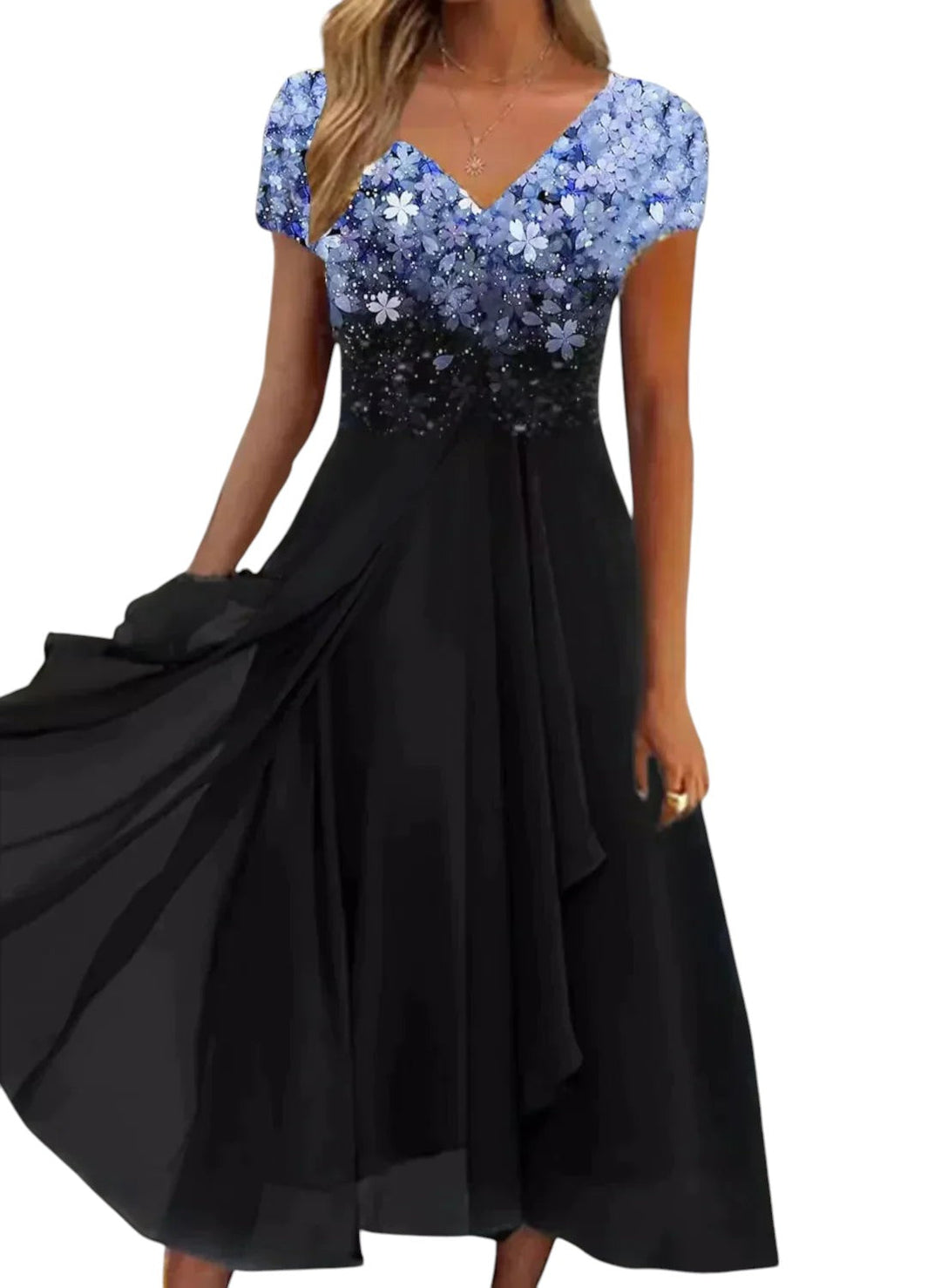 "Elegante lange chiffon feestjurk met V-hals, vloeiend silhouet, perfect voor gala's en chique diners, flatterende pasvorm."