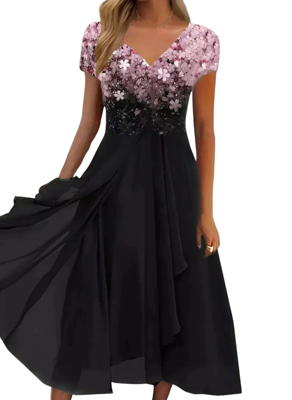 "Elegante lange chiffon feestjurk met V-hals, vloeiend silhouet, perfect voor gala's en chique diners, flatterende pasvorm."