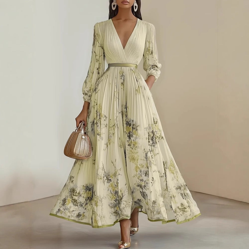 Comfortabele lange damesjurk met verfijnde bloemenprint, een elegante feestjurk met V-hals voor de zomer.