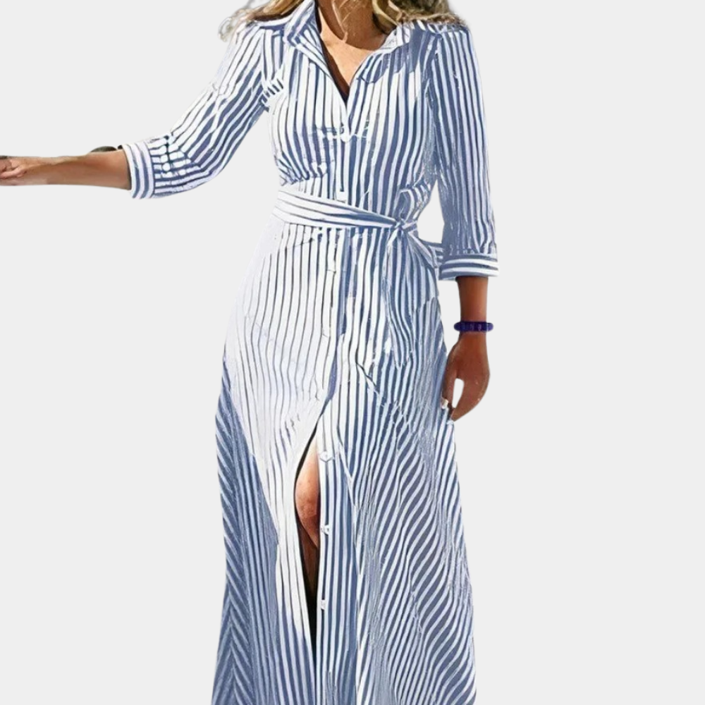 Tijdloze lange damesjurk met elegante, vloeiende pasvorm. Beschikbaar in diverse kleuren, ideaal voor zomer en feest.